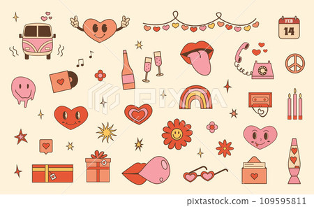 Happy Valentines day. Set of funky hippie elements for social media highlight. Retro 60s 70s trendy icons in pink color. Love dating and wedding concept. Vintage y2k characters. Vector illustration. Happy Valentines day. Set of funky hippie elements for social media highlight. Retro 60s 70s trendy icons in pink color. Love dating and wedding concept. Vintage y2k characters. Vector illustration. 109595811