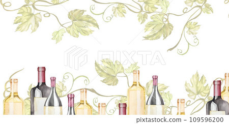 Watercolor banner with bottles of wine with grape vine and leaves. Alcoholic beverages on the white background. For the design of cafe and restaurant menus, labels Watercolor banner with bottles of wine with grape vine and leaves. Alcoholic beverages on the white background. For the design of cafe and restaurant menus, labels 109596200
