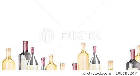 Watercolor banner with bottles of wine. Alcoholic beverages on the white background. For the design of cafe and restaurant menus, labels Watercolor banner with bottles of wine. Alcoholic beverages on the white background. For the design of cafe and restaurant menus, labels 109596207