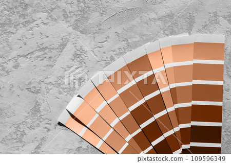 Colour of the year Palette Catalog Peach Fuzz samples, paint selection cards on grey stone background Colour of the year Palette Catalog Peach Fuzz samples, paint selection cards on grey stone background 109596349