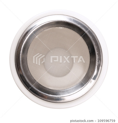 Incense burner with metal sieve, from above. Made of white ceramic, with stainless steel grid, and place for a tealight at the bottom, to mix and burn any desired combination of incense and resins. 109596759