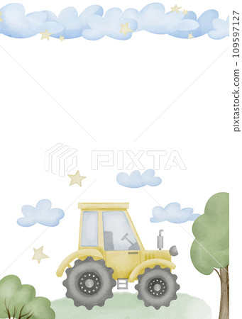 Children's party Invitation. Watercolor illustration hand drawn on isolated background. Baby shower or birthday card template. Cute frame with tractor and clouds with space for text. Children's party Invitation. Watercolor illustration hand drawn on isolated background. Baby shower or birthday card template. Cute frame with tractor and clouds with space for text. 109597127