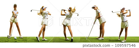 Young pretty girl in white clothes playing golf on green grass floor covering isolated over white background. Collage. Sport and competition 109597546