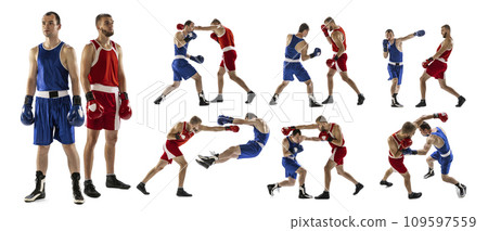 Two men, combat sport athletes, boxing, fighting isolated over white background. Martial arts, MMA. Collage. Sport and competition Two men, combat sport athletes, boxing, fighting isolated over white background. Martial arts, MMA. Collage. Sport and competition 109597559