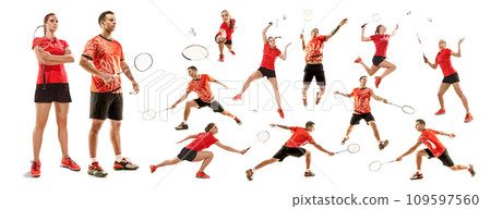 Young man and woman, badminton players in uniform practicing, playing isolated over white background. Collage. Sport and competition 109597560