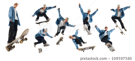 Young buy in casual clothes training, doing stunts on skateboard isolated over white background. Collage. Sport and competition Young buy in casual clothes training, doing stunts on skateboard isolated over white background. Collage. Sport and competition 109597580