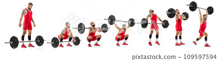 Strong, muscular, bearded man in sportswear training, lifting heavy weights isolated over white background. Weightlifter. Collage. Sport and competition 109597594