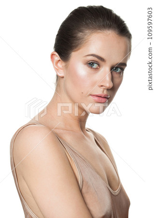 Pretty brunette woman portrait. Beautiful spa model with perfect fresh clean skin. Pretty brunette woman portrait. Beautiful spa model with perfect fresh clean skin. 109597603