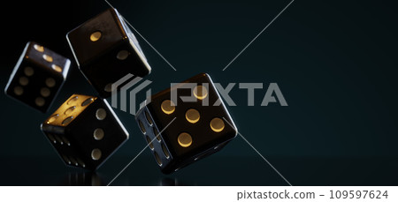 A bunch of thrown dices rolling on the table against dark background 109597624
