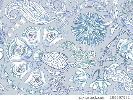 Fantasy flowers in retro, vintage, jacobean embroidery style Fantasy flowers in retro, vintage, jacobean embroidery style 109597951