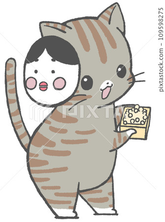 A pheasant cat wearing a mom mask and showing off Setsubun beans 109598275