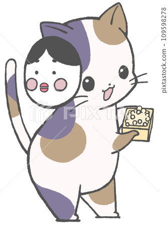 Calico cat wearing a mom mask and showing off Setsubun beans 109598278