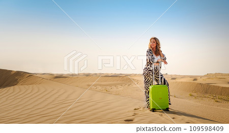 Concept and idea of travel to United Arab Emirates, sand dunes in desert of Dubai at sunset. 109598409