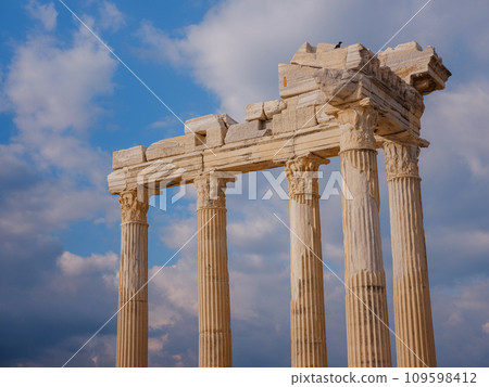 travel to ancient city of Side, Antalya coast of Turkey in tourist low season. Ruins of the Temple of Apollo in Side 109598412