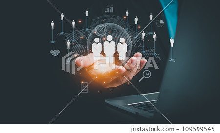 Businessman hold global structure customer network technology, Customer Relationship Management, customer service, social media. digital marketing online, Data exchanges development. 109599545