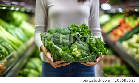 AI-generated content. A Woman Holding a Bunch of Broccoli 109599585