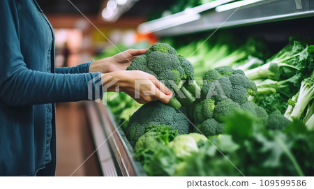 AI-generated content. A Person Holding a Piece of Broccoli in a Grocery Store 109599586