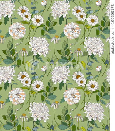 Watercolor floral seamless pattern of chrysanthemums, dahlias, daisies and chamomiles. Hand painted flowers illustration isolated on green background. For design, print, fabric or background. Watercolor floral seamless pattern of chrysanthemums, dahlias, daisies and chamomiles. Hand painted flowers illustration isolated on green background. For design, print, fabric or background. 109600178