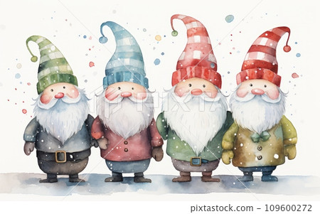 watercolor of cartoon Christmas gnomes in festive hats 109600272