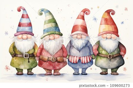 watercolor of cartoon Christmas gnomes in festive hats 109600273