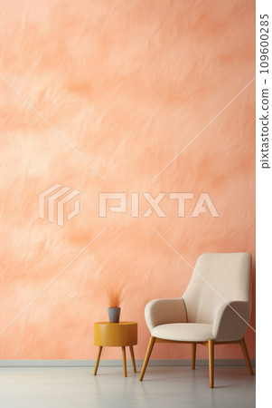 trend of the Peach Fuzz color,ffbe98, modern fluffy chair against a textured wall, color trend for 2024 109600285
