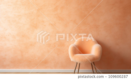 trend of the Peach Fuzz color #ffbe98, showcasing a modern fluffy chair against a textured wall, reflecting the color trend for 2024 109600287