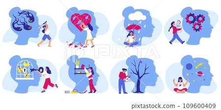 Mental health. Human brain disorder. Female meditation in crisis. Digital psychological support. Positive mind and calm. Persons control emotions. Self acceptance. Psychology vector set 109600409