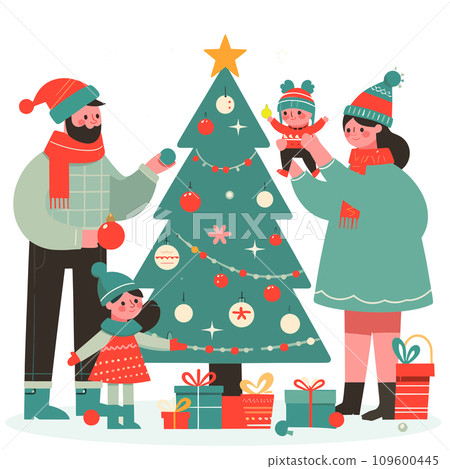 Happy Family Decorate Christmas Tree. Father Put Star on Top of Fir Tree,  People Celebrating New Year and Xmas at Home. 109600445