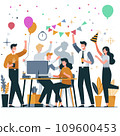 Happy business people at a Christmas and New Year's corporate party. Positive men and women with champagne dancing and having fun. 109600453