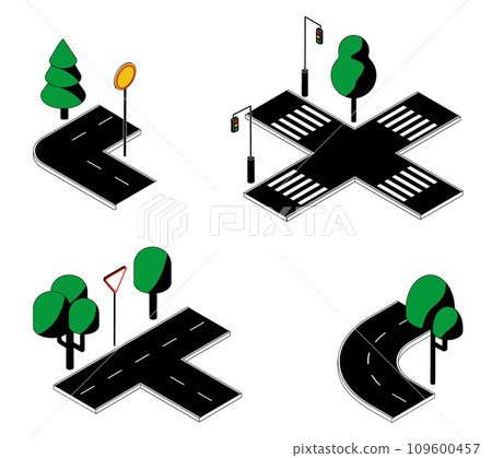 Road parts. City street blocks with crossroads and crosswalk. Isometric roadway. Lights and traffic signs. Green bushes or trees. Construction kit. Vector asphalt speedway segments set Road parts. City street blocks with crossroads and crosswalk. Isometric roadway. Lights and traffic signs. Green bushes or trees. Construction kit. Vector asphalt speedway segments set 109600457
