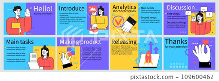 Report presentation slide. Business cover design. Marketing portfolio. Development strategy. Analysis infographic. UI layout. Analytics and making products. Vector design banners set 109600462