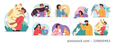People pets. Men and women hold dog and cat, family owner love and care characters, puppy and fish, parrot and turtle in veterinarian clinic, funny vet. Vector cartoon flat style concept 109600463