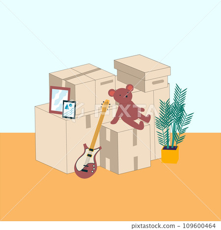 Moving boxes. Family relocation. Cardboard parcels stacks. Delivery service. Cargo shipping. Packed stuff in room. Goods relocating to new apartment. Carton containers pile. Vector concept 109600464