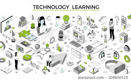 Technology learning. Isometric training. Education course. University study. Online knowledge communication. Students service. Library books. E-learning concept. Vector illustration 109600520