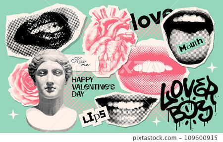 Collage halftone stickers set with mouths, torn paper note, graffiti stroke brushes, doodle elements. Concept of love for Valentine's day. Trendy magazine style, grunge texture, love symbols. Vector Collage halftone stickers set with mouths, torn paper note, graffiti stroke brushes, doodle elements. Concept of love for Valentine's day. Trendy magazine style, grunge texture, love symbols. Vector 109600915
