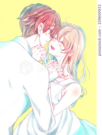 Happy man and woman holding hands and facing each other Happy man and woman holding hands and facing each other 109600933