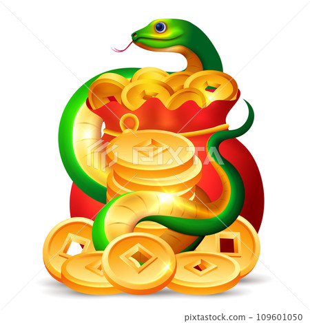 Chinese new year 2025, Green snake with coins, ingots and money bag illustration Chinese new year 2025, Green snake with coins, ingots and money bag illustration 109601050