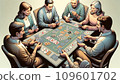 Young and old men and women playing card games 109601702