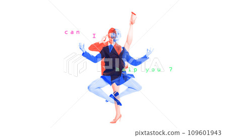 Young woman in meditating yoga pose, customer support employee working online. Assistance. Contemporary art collage 109601943
