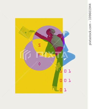 Young woman working on seo optimization of organization. Contemporary art collage Young woman working on seo optimization of organization. Contemporary art collage 109601944