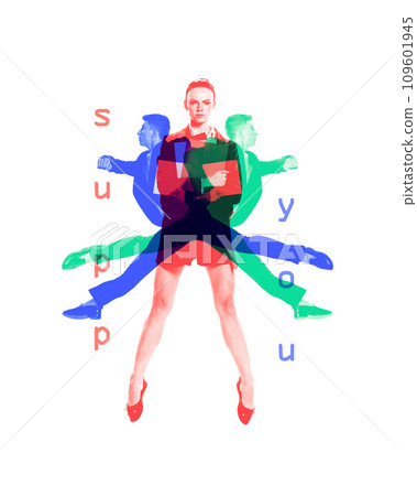 Young people. men and women working online. Support in different directions. Contemporary art collage Young people. men and women working online. Support in different directions. Contemporary art collage 109601945