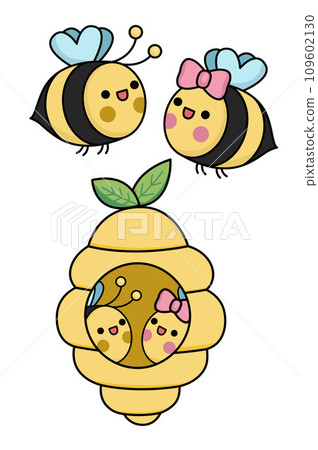 Vector kawaii beehive and flying bee icon for - Stock Illustration  [109602130] - PIXTA