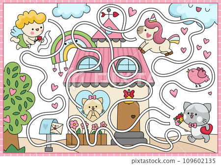 Saint Valentine maze for kids. Love holiday preschool printable activity with kawaii unicorn, rainbow, cupid. Labyrinth game or puzzle with cute romantic date scene, cat going home with flowers Saint Valentine maze for kids. Love holiday preschool printable activity with kawaii unicorn, rainbow, cupid. Labyrinth game or puzzle with cute romantic date scene, cat going home with flowers 109602135