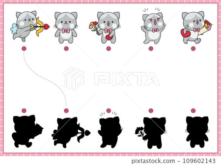 Saint Valentine shadow matching activity with cats. Love holiday shape recognition puzzle with kawaii animals. Find correct silhouette printable worksheet. Cute page for kids with kitties 109602143