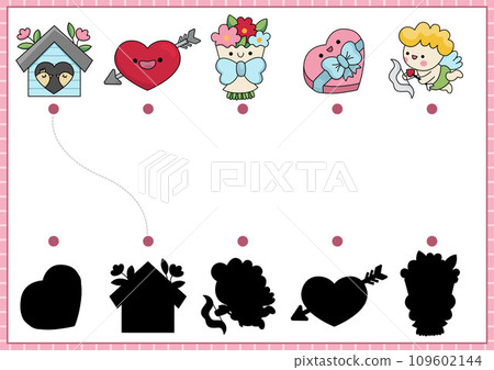 Saint Valentine shadow matching activity. Love holiday shape recognition puzzle with kawaii symbols. Find correct silhouette printable worksheet. Cute page for kids with cake, candies, cupcake Saint Valentine shadow matching activity. Love holiday shape recognition puzzle with kawaii symbols. Find correct silhouette printable worksheet. Cute page for kids with cake, candies, cupcake 109602144