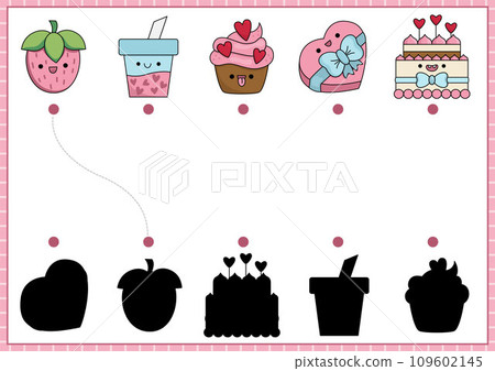 Saint Valentine shadow matching activity with sweet food. Love holiday shape recognition puzzle with kawaii symbols. Find correct silhouette printable worksheet. Cute page for kids with cupid, heart, 109602145