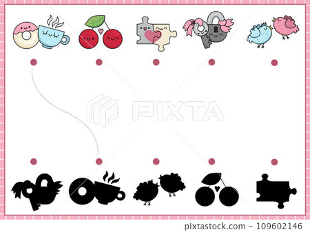 Saint Valentine shadow matching activity. Love holiday shape recognition puzzle with kawaii symbols. Find correct silhouette printable worksheet. Cute page for kids with pairs of berries, birds 109602146