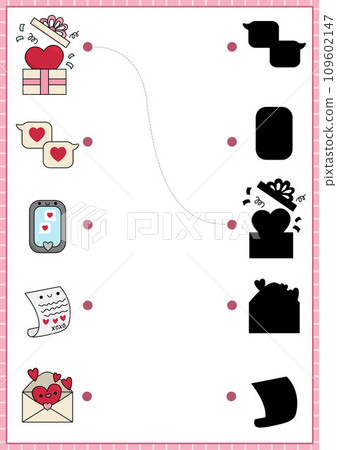 Saint Valentine shadow matching activity. Love holiday shape recognition puzzle with kawaii symbols. Find correct silhouette printable worksheet. Cute page for kids with present, letter, phone Saint Valentine shadow matching activity. Love holiday shape recognition puzzle with kawaii symbols. Find correct silhouette printable worksheet. Cute page for kids with present, letter, phone 109602147