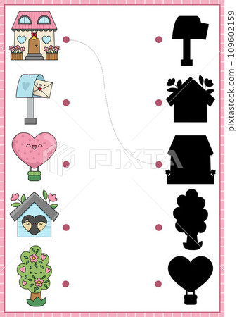 Saint Valentine shadow matching activity. Love holiday shape recognition puzzle with kawaii symbols. Find correct silhouette printable worksheet. Cute page for kids with house, tree, hot air balloon Saint Valentine shadow matching activity. Love holiday shape recognition puzzle with kawaii symbols. Find correct silhouette printable worksheet. Cute page for kids with house, tree, hot air balloon 109602159