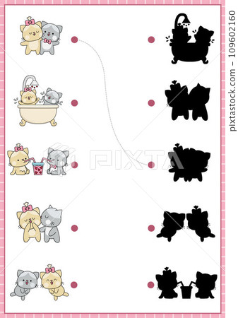 Saint Valentine shadow matching activity with cats. Love holiday shape recognition puzzle with kawaii animals. Find correct silhouette printable worksheet. Cute page for kids with kitties pair Saint Valentine shadow matching activity with cats. Love holiday shape recognition puzzle with kawaii animals. Find correct silhouette printable worksheet. Cute page for kids with kitties pair 109602160